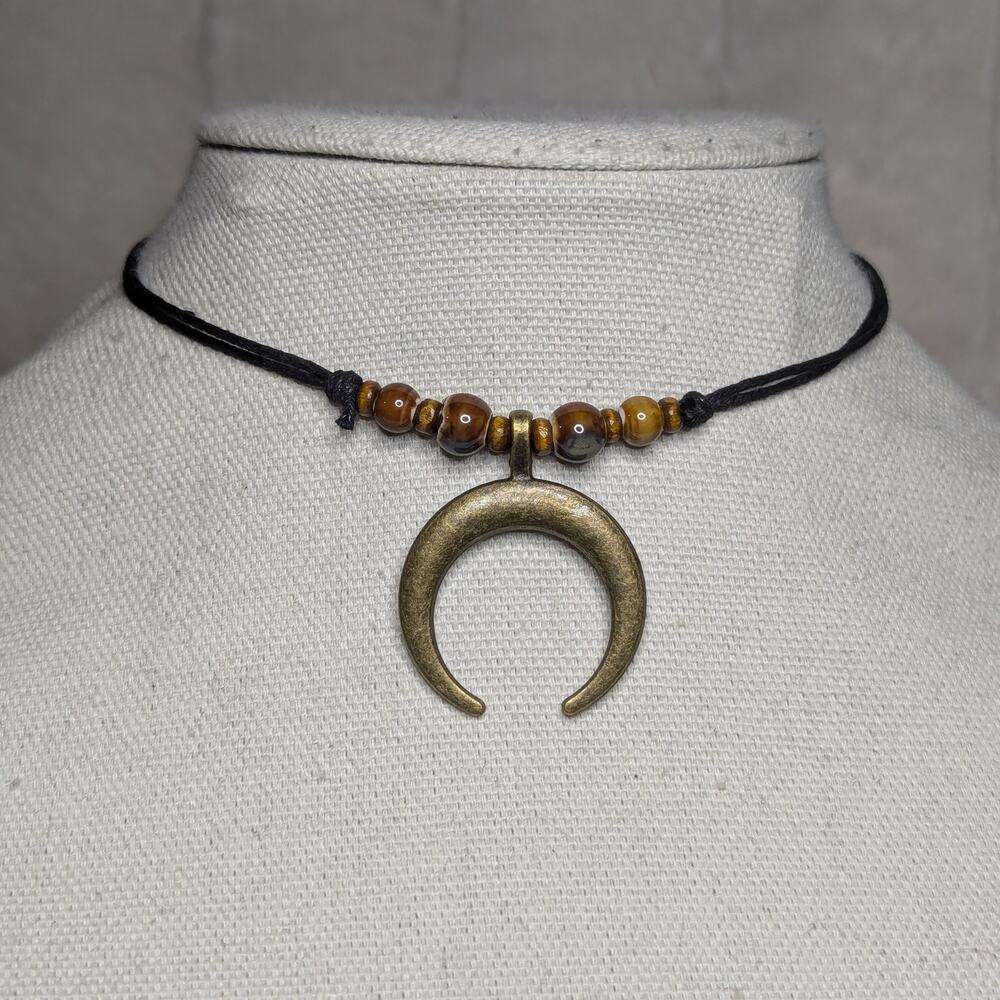 Crescent Moon Bronze Charm Brown Ceramic Wooden Beaded Boho Y2K Choker Necklace
